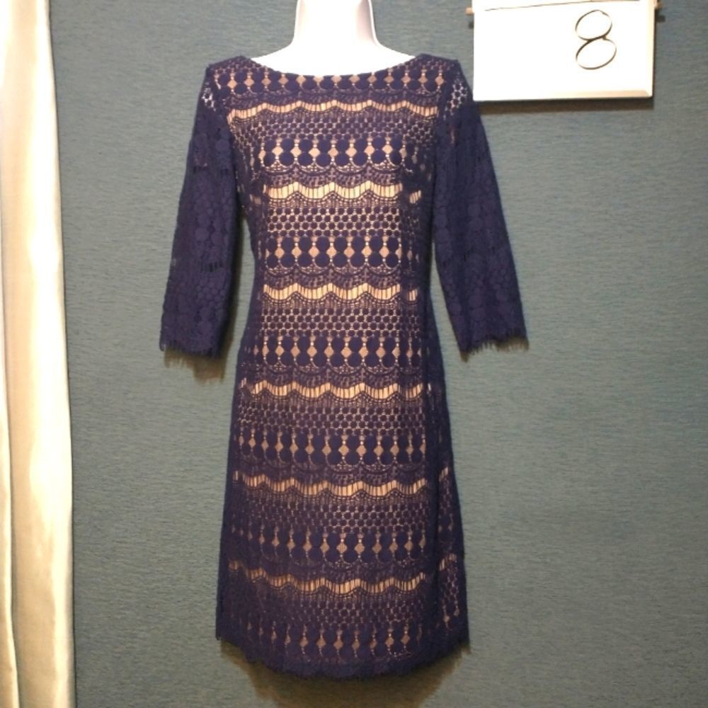Established 1962 navy blue lined lace midi shift dress size 8